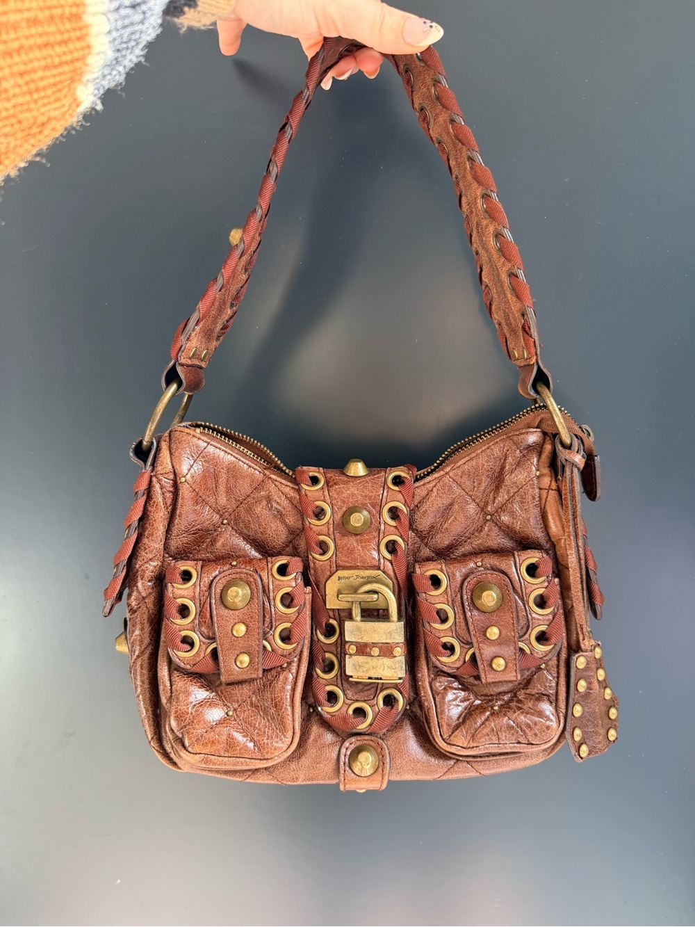 Betsey Johnson Distressed Brown Leather Shoulder Bag with Brass Hardware